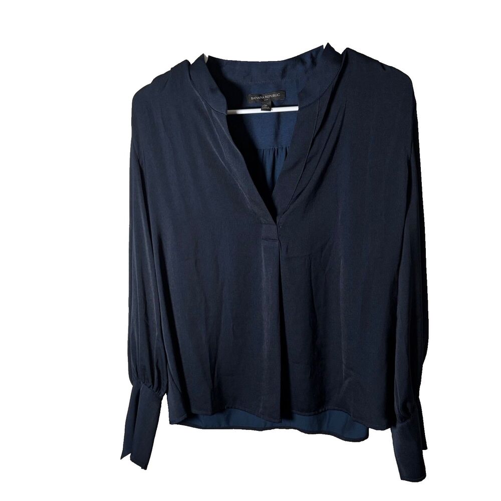 Banana Republic Blouse Women's Medium Navy Blue V-Neck Long Sleeve Top